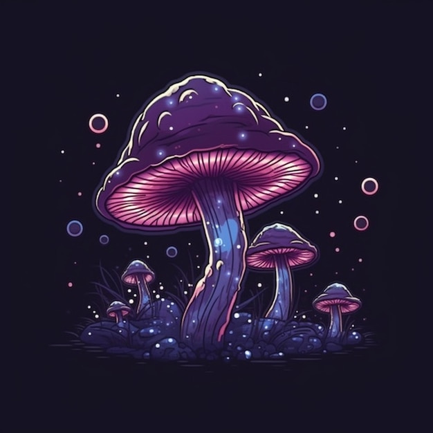 Illustrazione di cartoni animati a funghi al neon di alta qualità generata dall'AI