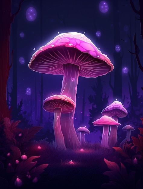 Illustrazione di cartoni animati a funghi al neon di alta qualità generata dall'AI