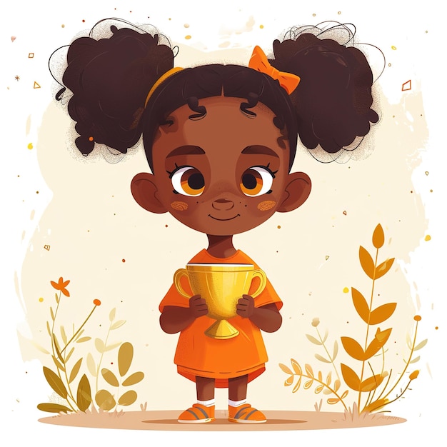 illustrazione di cartoni animati adorabile piccola ragazza afroamericana che tiene in mano la coppa del vincitore d'oro