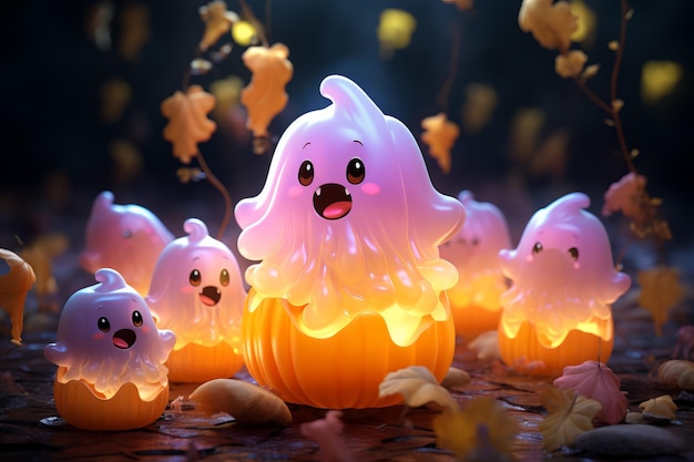 illustrazione di cartoni animati di belle zucche di Halloween fantasmi con faccia carina concetto di Halloween