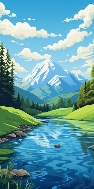 Illustrazione di cartoni animati ultra dettagliati di fiumi e montagne