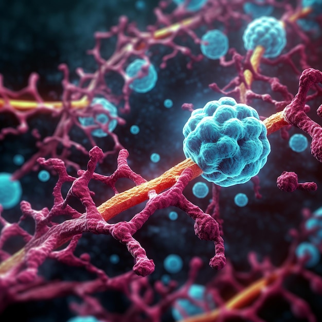 illustrazione di cellule virali foto 3d che attaccano un filamento di DNA iper