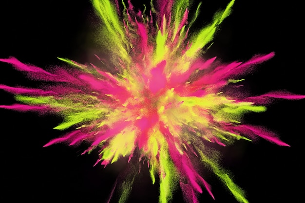 Illustrazione di CG 3d dell'esplosione della polvere con i colori blu e viola su fondo nero. Movimento al rallentatore con accelerazione all'inizio
