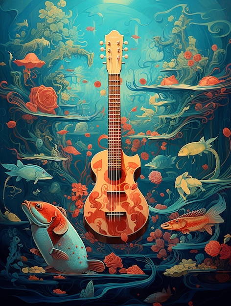 Illustrazione di chitarra sullo sfondo sottomarino