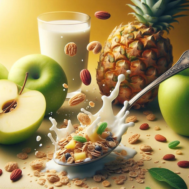 Illustrazione di cibi sani Cuccino con granola e latte Mele verdi e ananas in volo