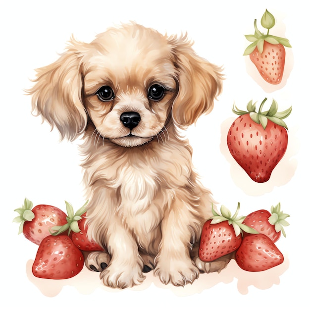 Illustrazione di clipart dell'acquerello del cane della fragola dell'acquerello