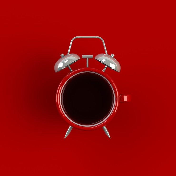 Foto illustrazione di concetto del caffè e della sveglia isolata su fondo rosso