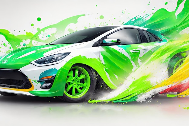 Illustrazione di concetto di auto eco con colore verde cplash ai generativo