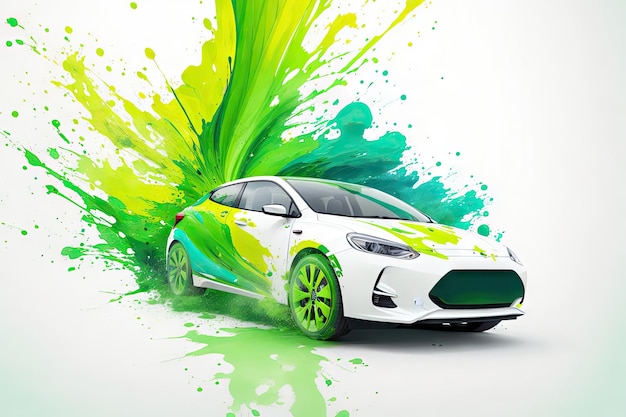 Illustrazione di concetto di auto eco con colore verde cplash ai generativo