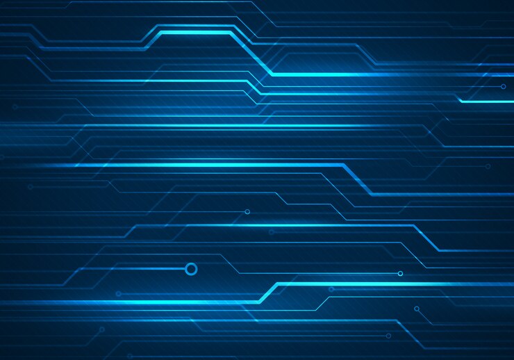 Foto illustrazione di concetto digitale con microchip circuito su priorità bassa blu.