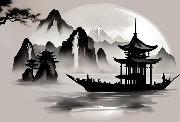 Illustrazione di concezione artistica del paesaggio dell'inchiostro di stile cinese