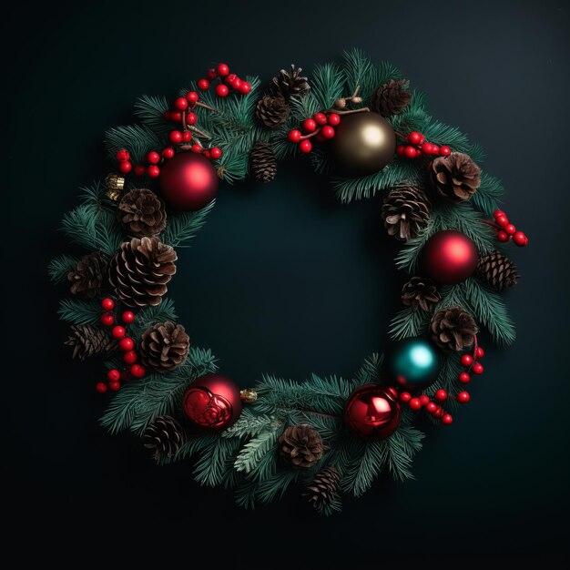 illustrazione di corona di Natale nera con palle e rami rossi