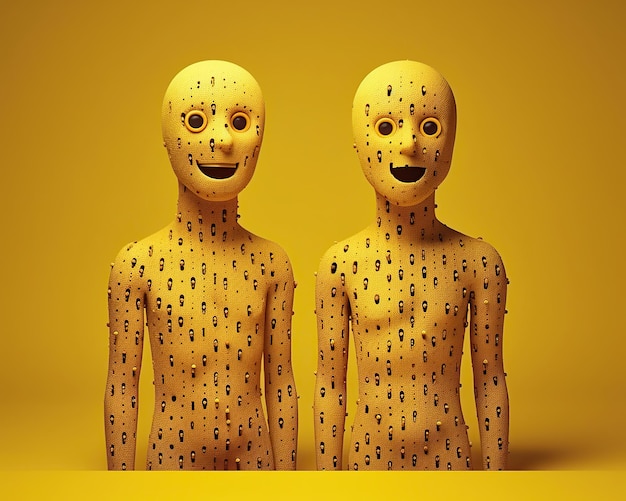 Illustrazione di corpi umani con emoji facciali IA generativa