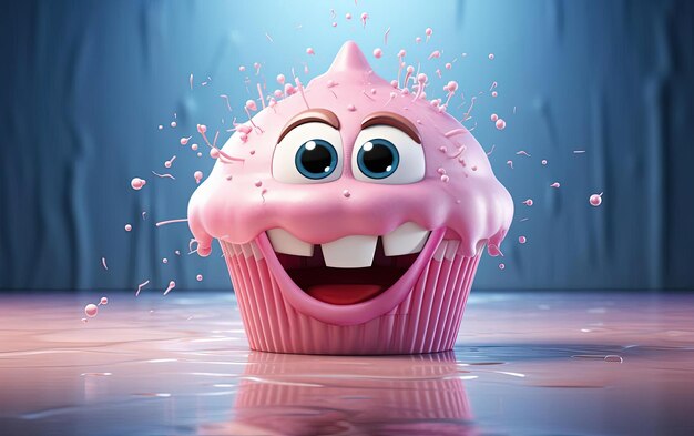 Illustrazione di cupcake 3D con occhi sorridenti nello stile del rosa chiaro