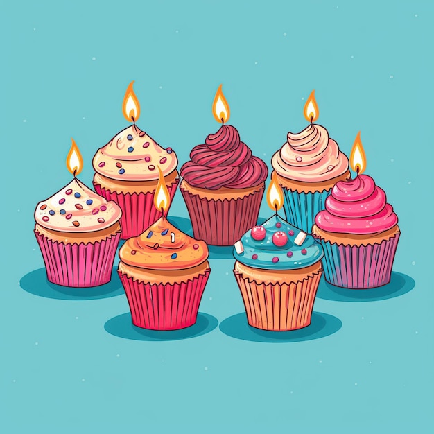 Illustrazione di cupcakes colorati con candele IA generativa