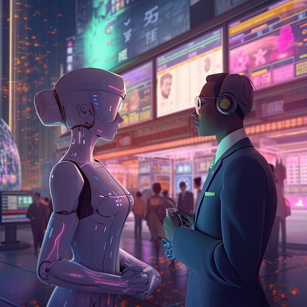 Illustrazione di Cyborg creata dall'intelligenza artificiale che parla con un essere umano in una città futuristica