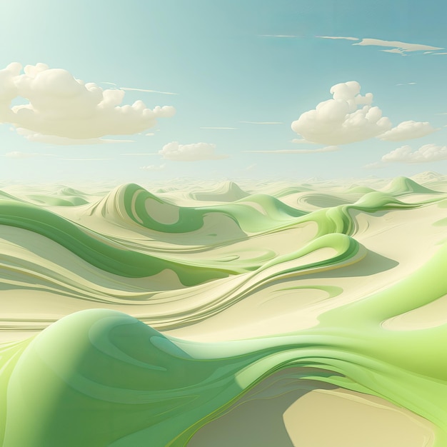 illustrazione di deserto di sabbia verde con cielo blu e nuvole