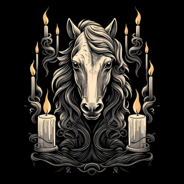 illustrazione di disegno del tatuaggio del fuoco del cavallo e delle candele
