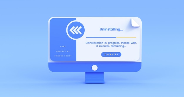 illustrazione di disinstallazione dell'app sullo sfondo blu rendering 3D