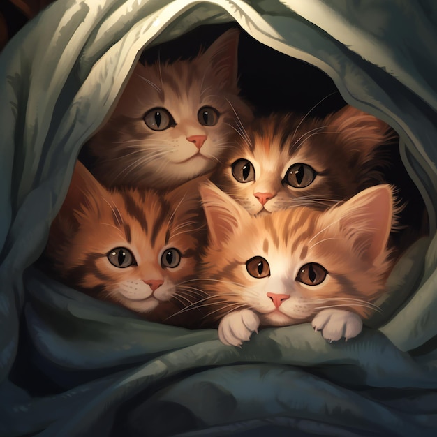 Illustrazione di diversi gattini comodamente accoccolati insieme sotto una morbida coperta