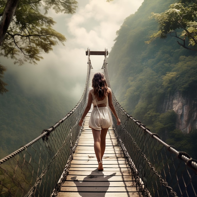 illustrazione di donna che cammina sul ponte sopra la montagna in stile