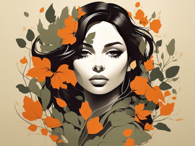 illustrazione di donna elegante con foglie e fiori