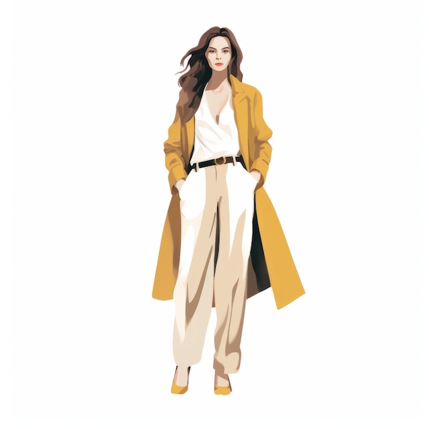 Illustrazione di donna in cappotto giallo e pantaloni bianchi