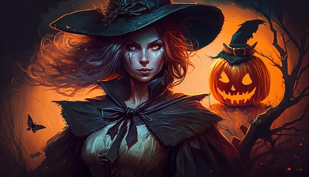 Illustrazione di donne spaventose in un costume da strega per lo sfondo di Halloween Generativo ai