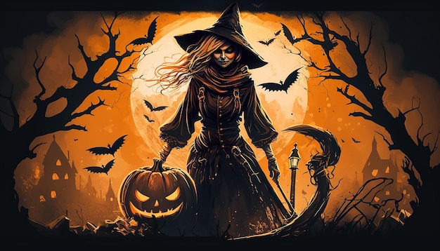 Illustrazione di donne spaventose in un costume da strega per lo sfondo di Halloween Generativo ai