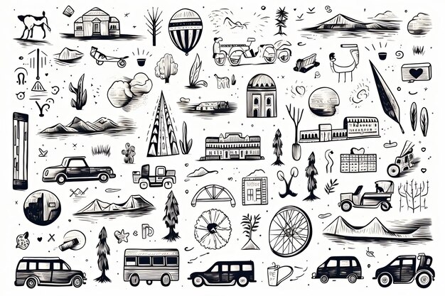 Illustrazione di doodle di viaggi e turismo e elementi di vacanze disegnati a mano delineano un clipart su sfondo bianco