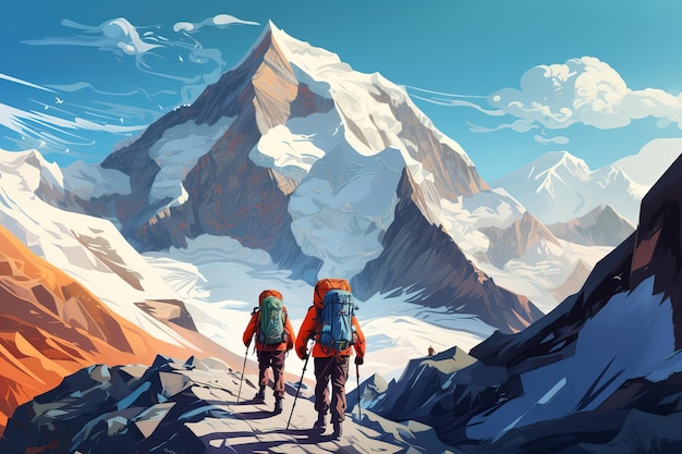 Illustrazione di due alpinisti che camminano in una montagna