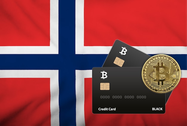 Illustrazione di due carte di credito nere e moneta bitcoin sullo sfondo della bandiera della Norvegia