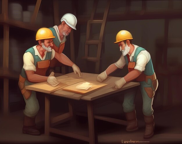 illustrazione di due costruttori che lavorano con una carta sul tavolo