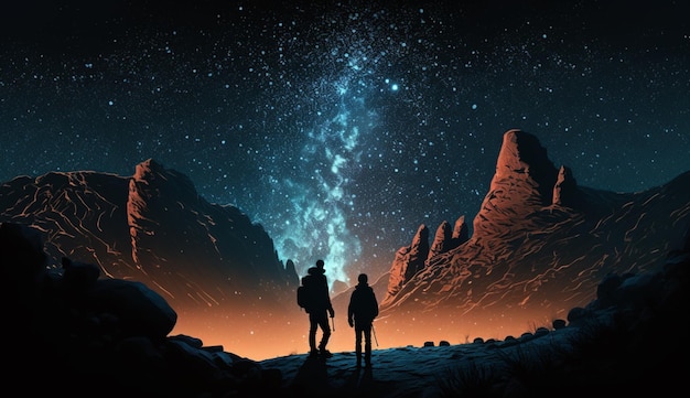 Illustrazione di due escursionisti che guardano il cielo stellato IA generativa