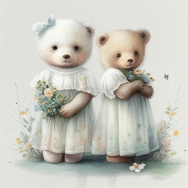 Illustrazione di due orsacchiotti seduti insieme in un giardino fiorito Creato con la tecnologia generativa AI