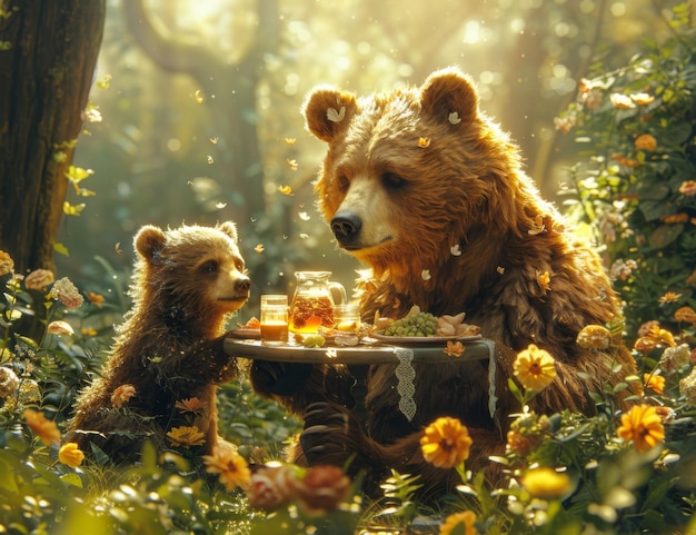 illustrazione di due orsi con fiori e tè