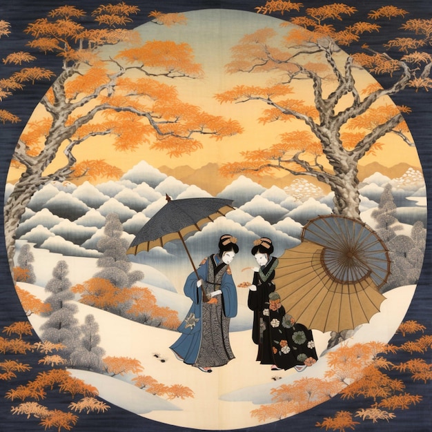 Illustrazione di due ragazze giapponesi in abito tradizionale con ombrello