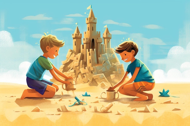 Illustrazione di due ragazzi che giocano a sabbia in spiaggia Felicità concetto di amicizia
