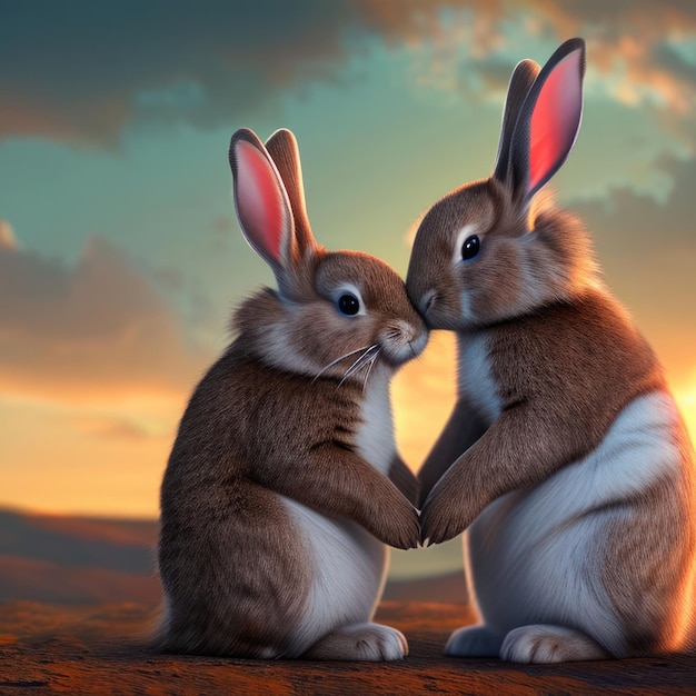 Illustrazione di due simpatici coniglietti che si godono la reciproca compagnia creata con la tecnologia Generative AI