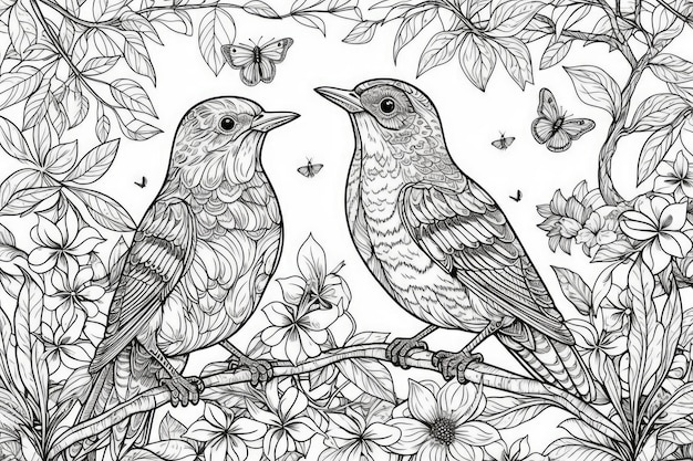 Illustrazione di due uccelli appollaiati su un ramo fiorito circondati da farfalle colorate IA generativa