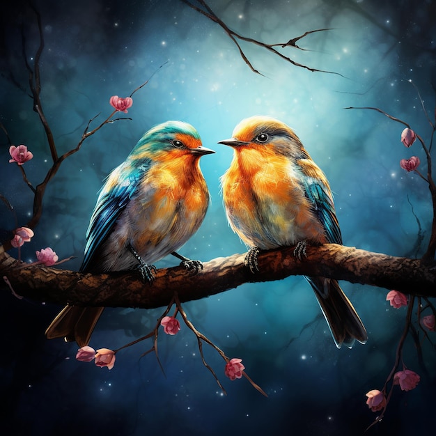 illustrazione di due uccelli innamorati sul ramo di un albero