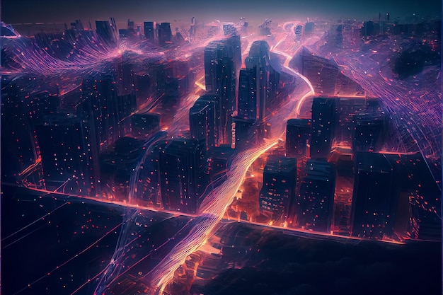 Illustrazione di edifici moderni nella capitale con luce al neon sopra la vista dall'alto AI
