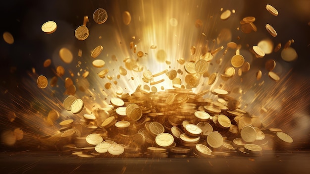 Illustrazione di esplosione di monete d'oro 3d vincita in contanti del casinò e tesoro realistico esplosione di monete d'oro 3d generata ai