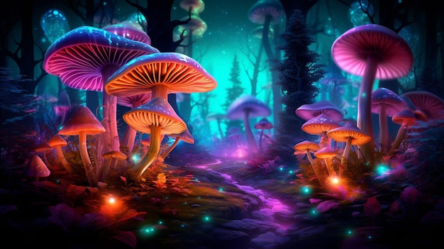 illustrazione di fantasia di funghi della foresta e luci al neon magiche per lo sfondo