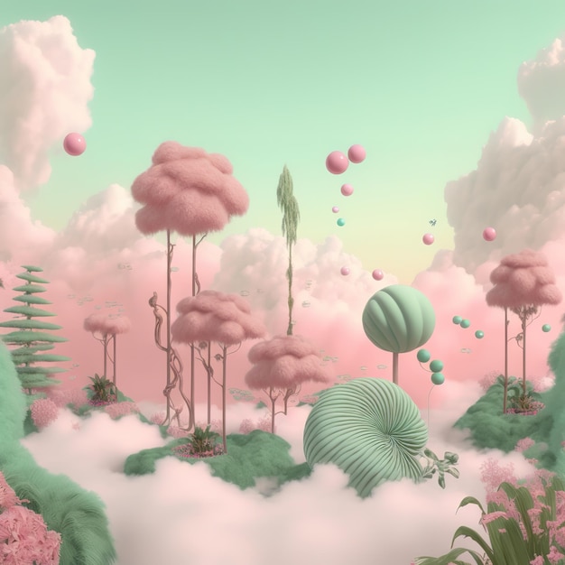 illustrazione di fantasia di una foresta di funghi soffici IA generativa