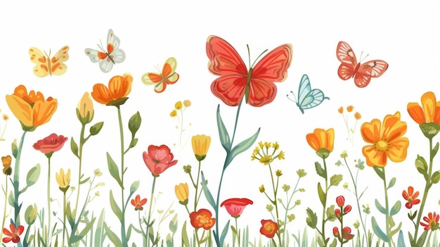 Illustrazione di farfalle e fiori in primavera
