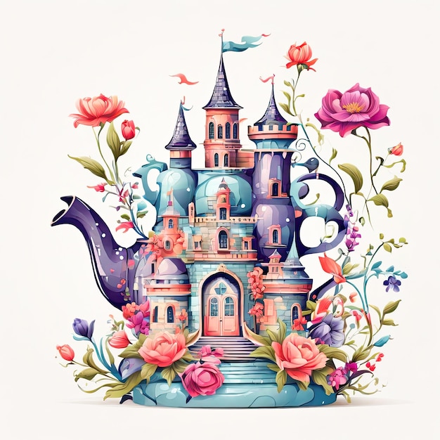 Illustrazione di favole stravaganti con un castello fantastico colorato a forma di teiera