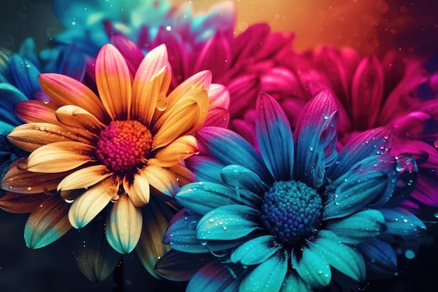 Illustrazione di fiori colorati con goccioline d'acqua luccicanti IA generativa