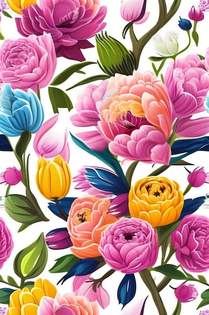 Illustrazione di fiori in miniatura di rose e tulipani a pattern senza cuciture minimalista