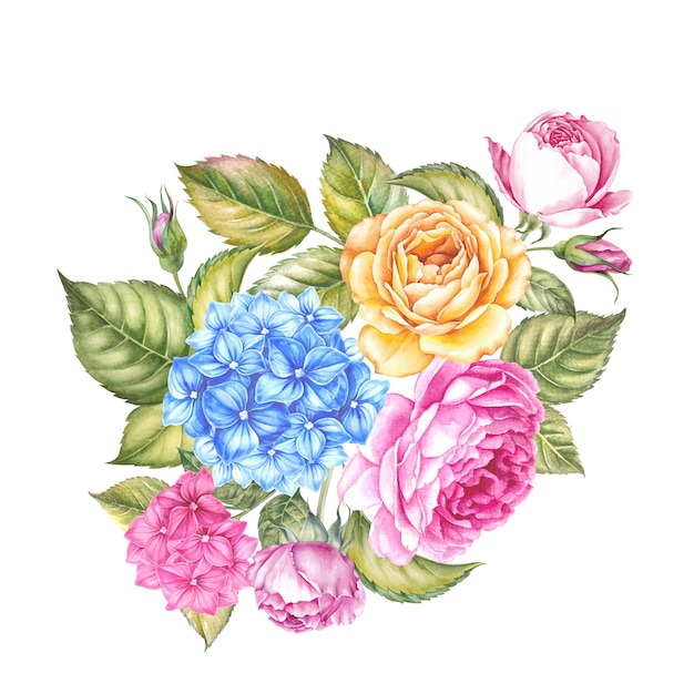 Illustrazione di fioritura dell'acquerello del fiore rosa. Carine rose rosa in stile vintage per il design. Composizione a ghirlanda fatta a mano. Illustrazione botanica dell'acquerello